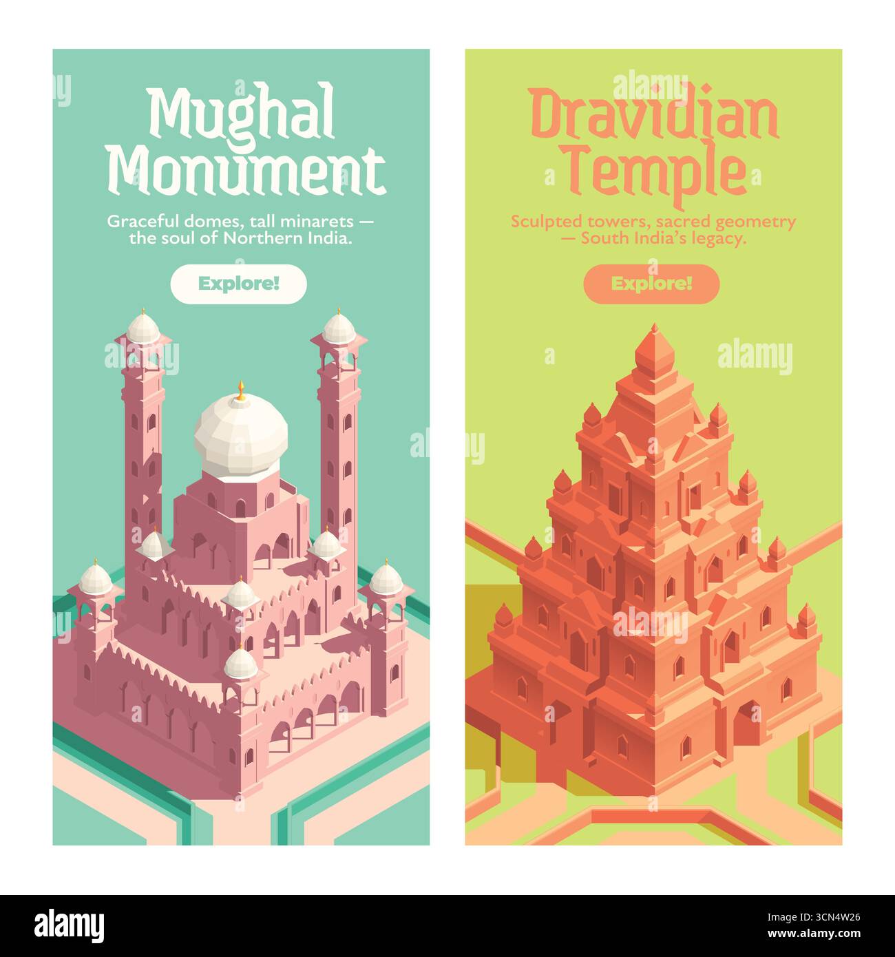 Collection de bannières verticales isométriques des temples et palais indiens sacrés Illustration de Vecteur