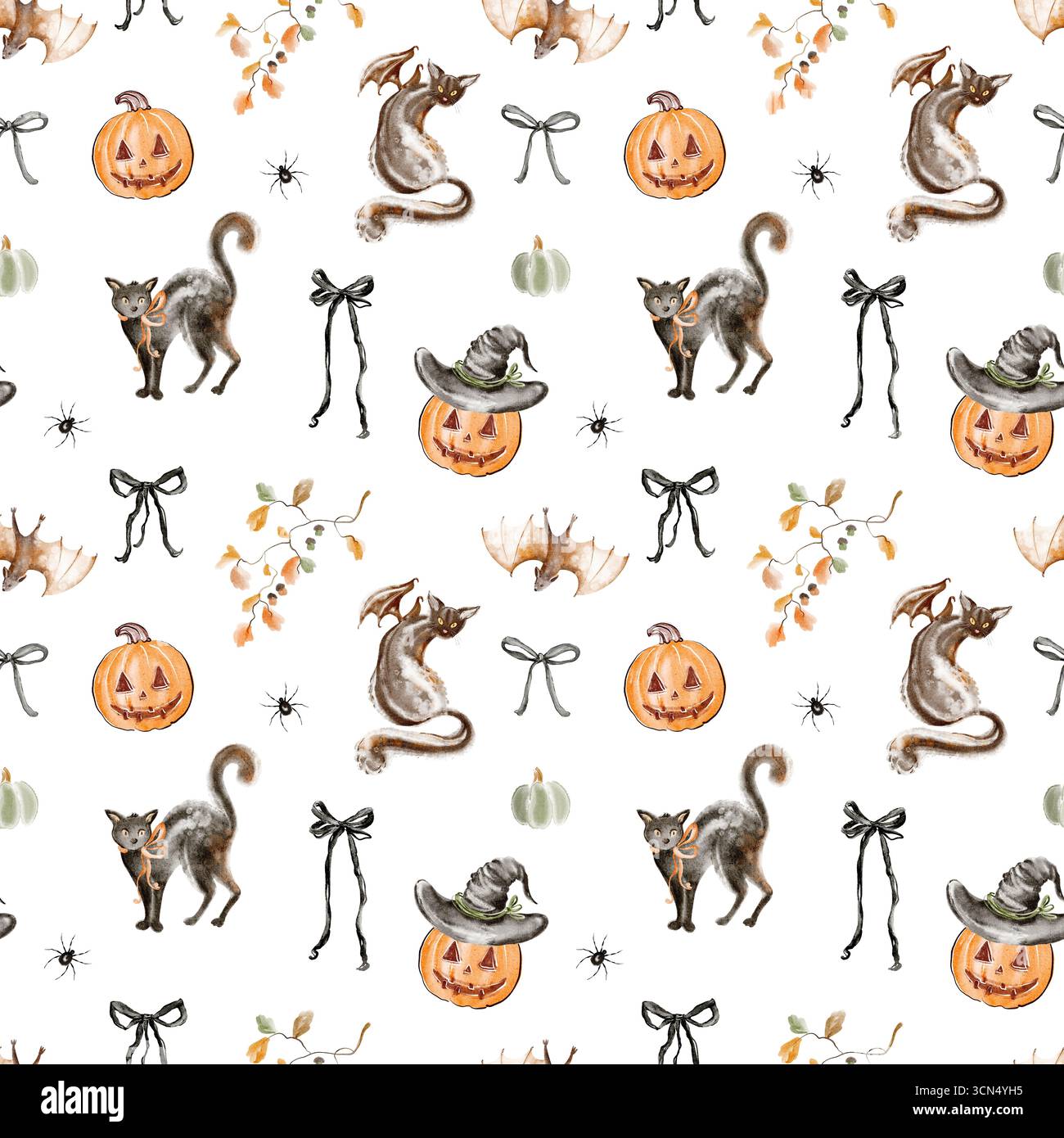 Modèle sans couture d'Halloween avec citrouilles aquarelle, chats noirs, fantômes, chauves-souris, chapeau de sorcière. Papier numérique pour tissu, papier peint, papier d'emballage, pépinière Banque D'Images