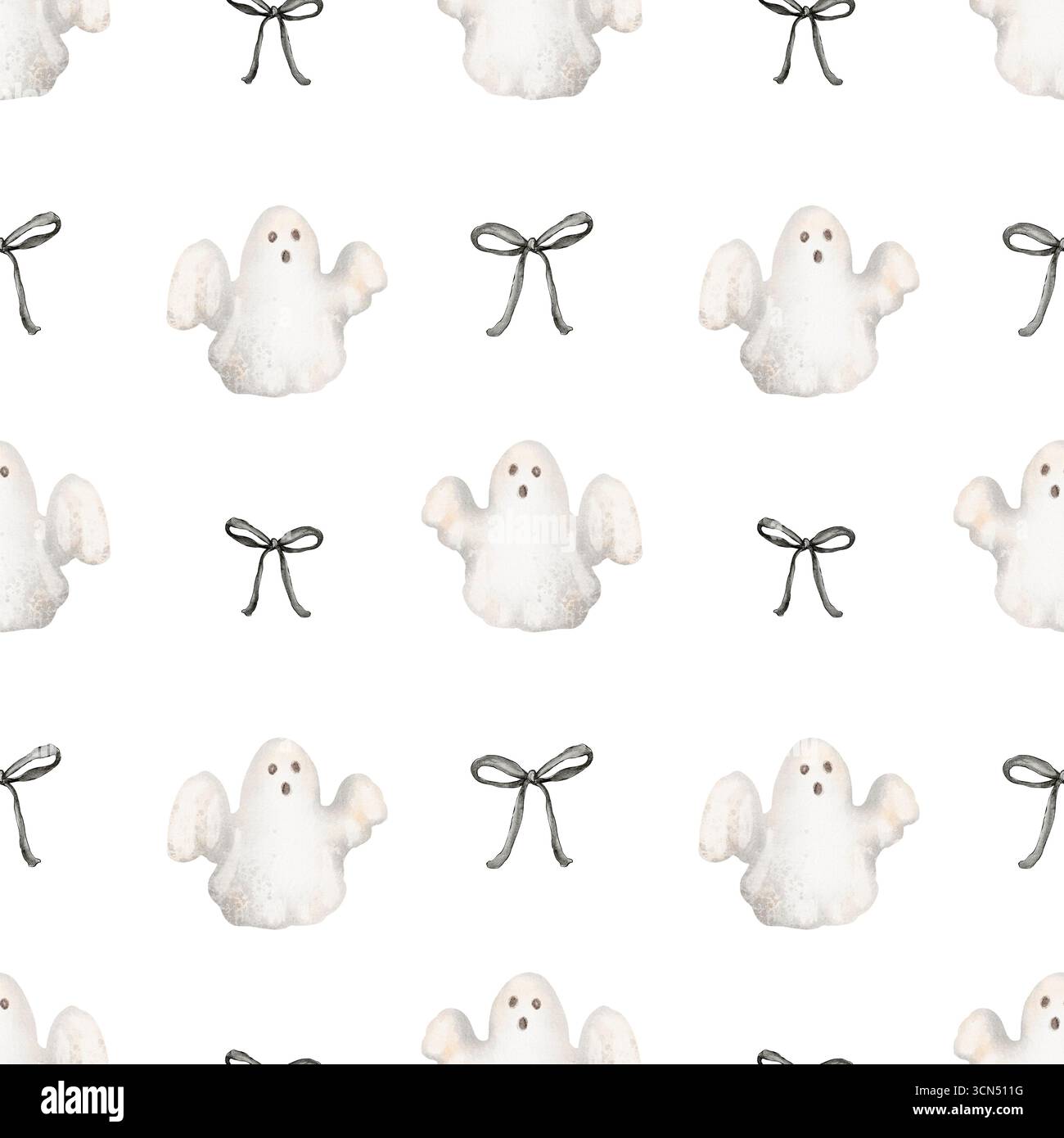 Motif sans couture fantôme d'Halloween avec noeud noir. Illustration aquarelle pour le textile, le papier d'emballage, le papier numérique, le papier peint et les projets de conception. Banque D'Images