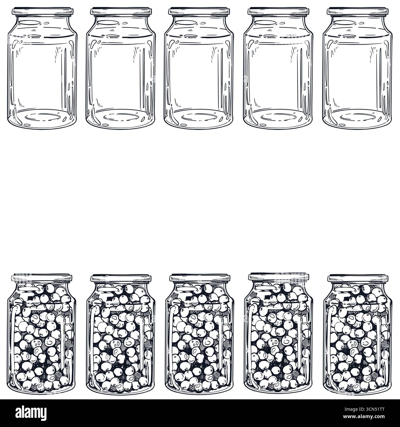 Cadre vectoriel sur le thème de la conservation des aliments pour l'hiver, des bocaux en verre pour la conservation des légumes et des fruits, des bocaux de confiture. Tous les objets sont dessinés à la main Illustration de Vecteur