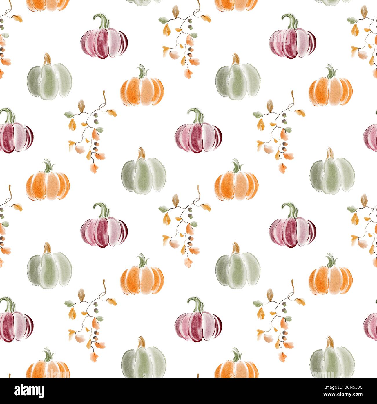 Joli motif de citrouille sans couture d'automne en aquarelle. Feuilles, récolte, Halloween, Thanksgiving, papier d'emballage, textile, papier peint numérique. Banque D'Images