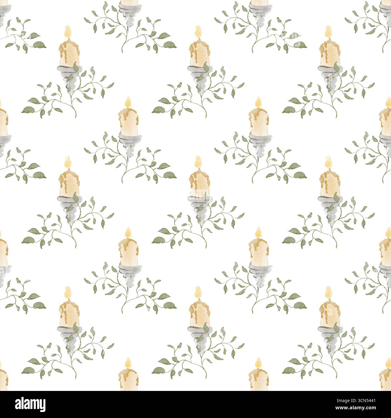 Motif sans couture dessiné à la main avec des bougies, des flammes et des feuilles. Illustration aquarelle pour papier d'emballage, tissu, textile, ou conception de fond. Banque D'Images