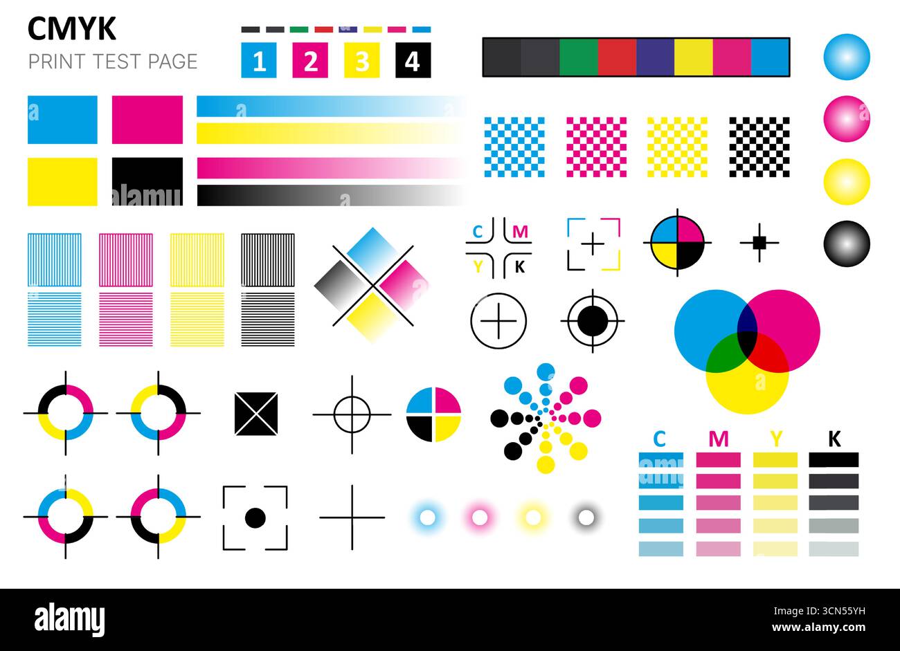 Impression couleur CMJN. Marques de calibrage et de contrôle pour l'impression à l'encre cyan magenta jaune noir, processus de bandes de nuances de demi-ton. Tableaux de test d'impression vectorielle Illustration de Vecteur