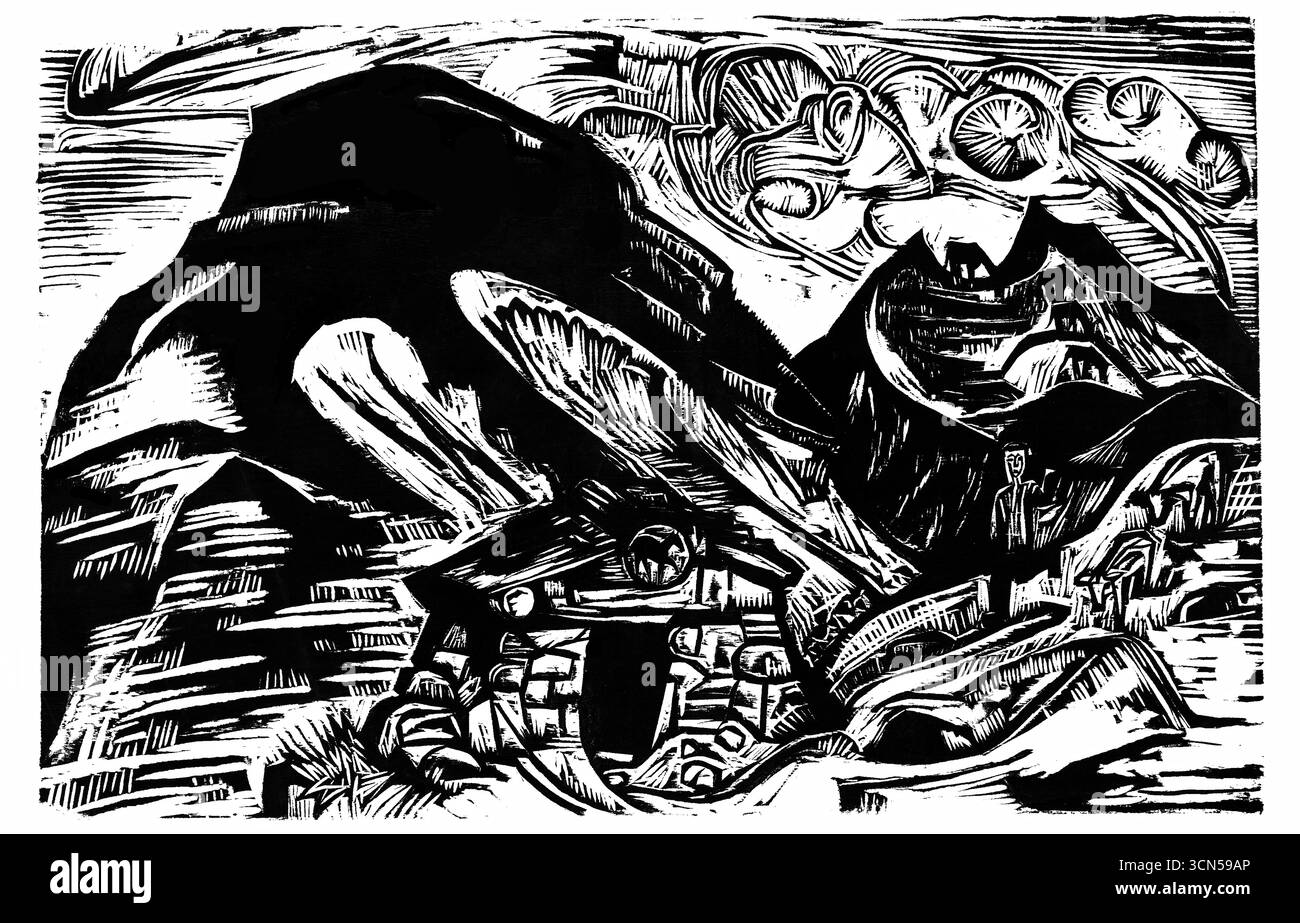 Montagnes avec une cabane de montagne (1921) par Ernst Ludwig Kirchner - paysage alpin expressionniste allemand, paysage de montagne suisse Banque D'Images