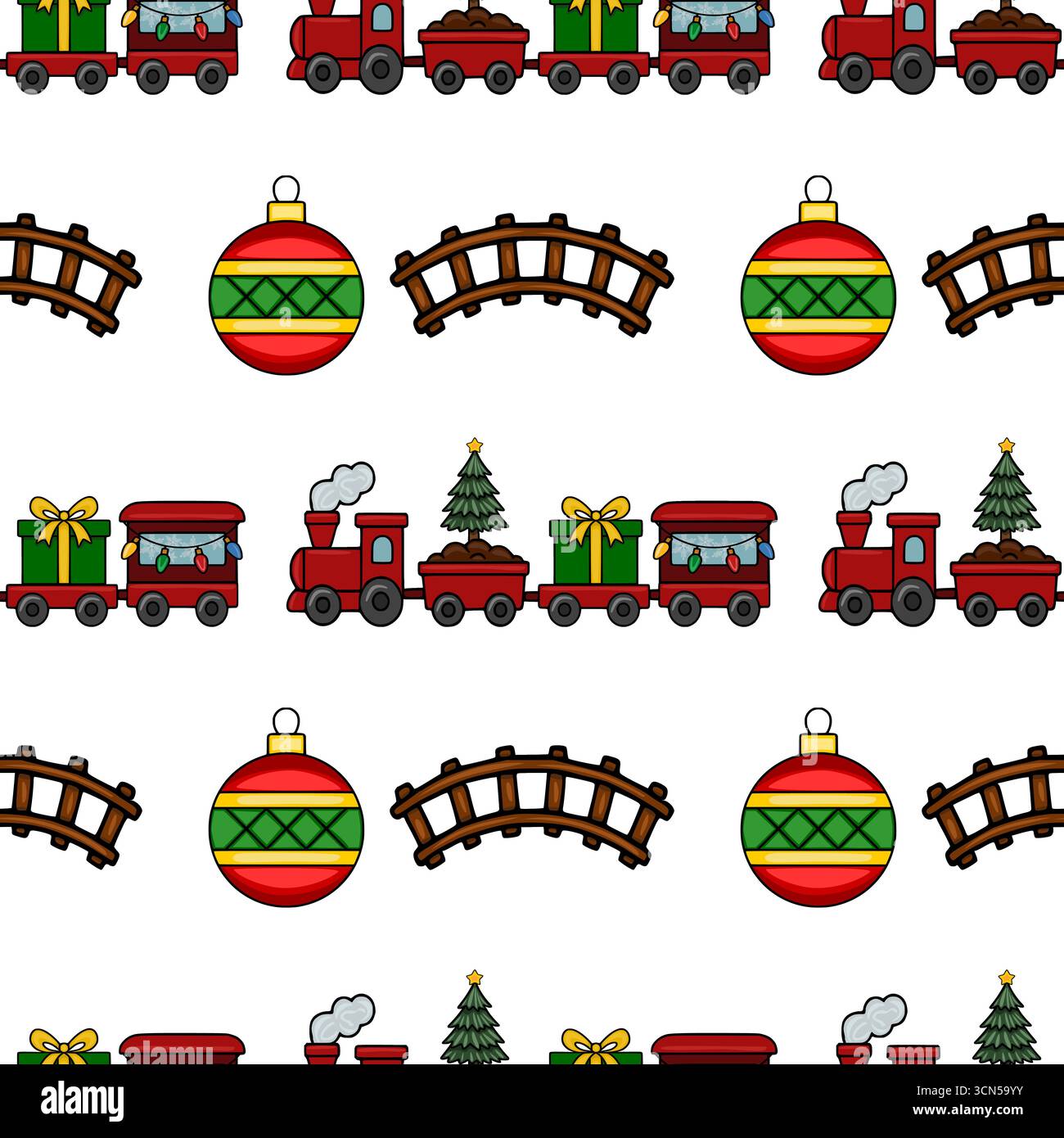 Motif de Noël vectoriel sans couture avec un charmant train de jouets transportant des cadeaux et un arbre de Noël, entrecoupé d'ornements festifs et d'un railwa Illustration de Vecteur