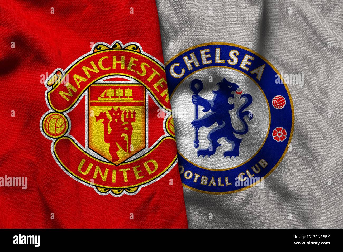 Pringsewu, Lampung ; 19 septembre 2025 ; logo du club de football Manchester United texture tissu ondulé Chelsea match premier League match Banque D'Images