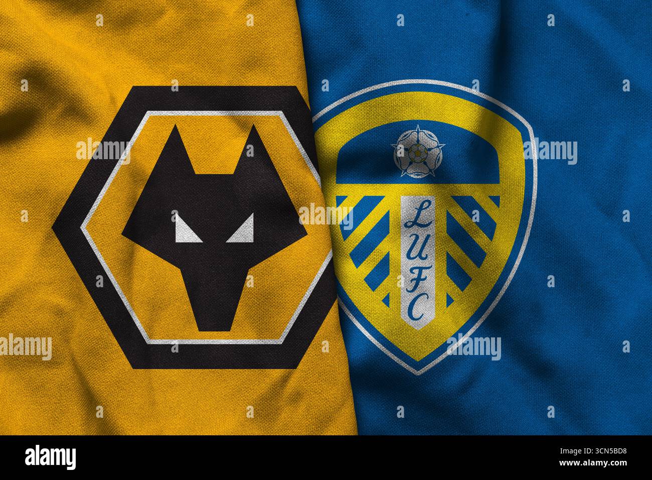 Pringsewu, Lampung ; 19 septembre 2025 ; logo du club de football Wolves texture tissu ondulé Leeds United match premier League match Banque D'Images