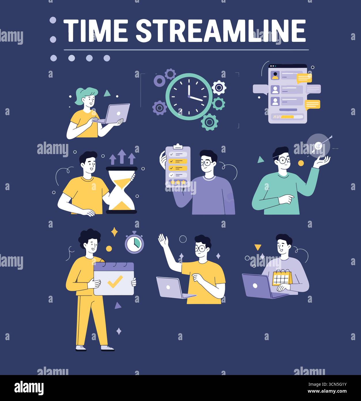 Ensemble de gestion du temps. Personnages utilisant des outils de planification pour gérer, prioriser, déléguer des tâches. Concept d'entreprise et d'organisation. Illustration vectorielle. Illustration de Vecteur