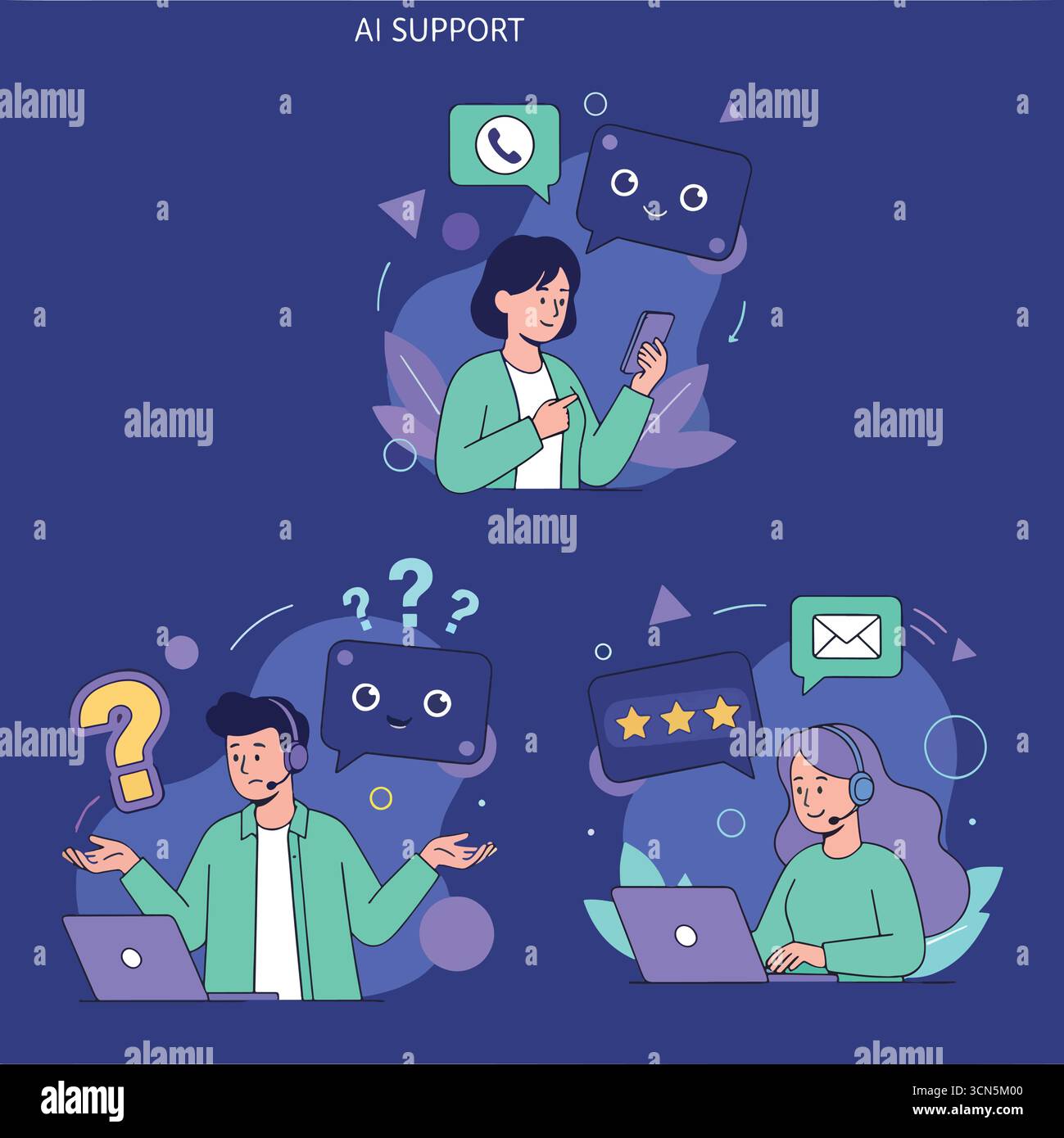 Kit d'assistance. Personnages utilisant des outils génératifs d'intelligence artificielle pour la communication. Centre d'appels, hotline, concept de service d'assistance à la clientèle. Illustration de Vecteur