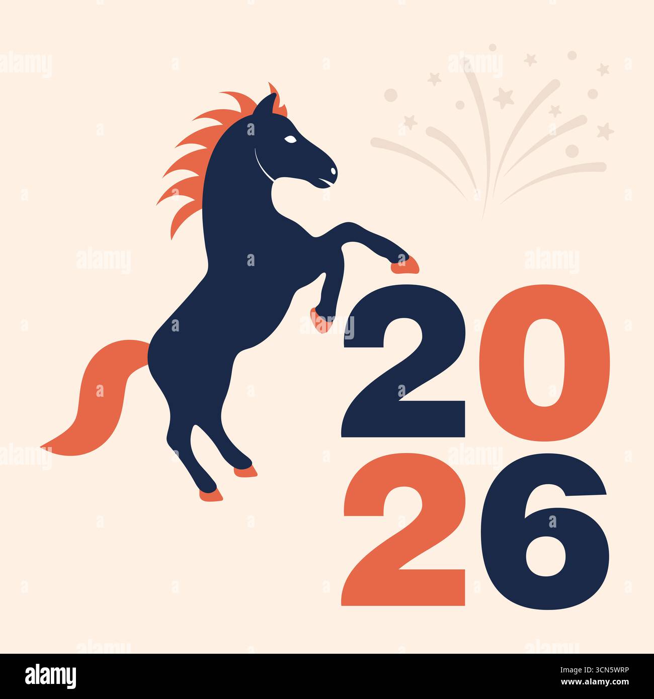 2026 année du cheval. Un cheval d’élevage symbolisant l’énergie, la force et la célébration de l’année 2026. Parfait pour les vœux de nouvel an, calendriers. Illustration de Vecteur
