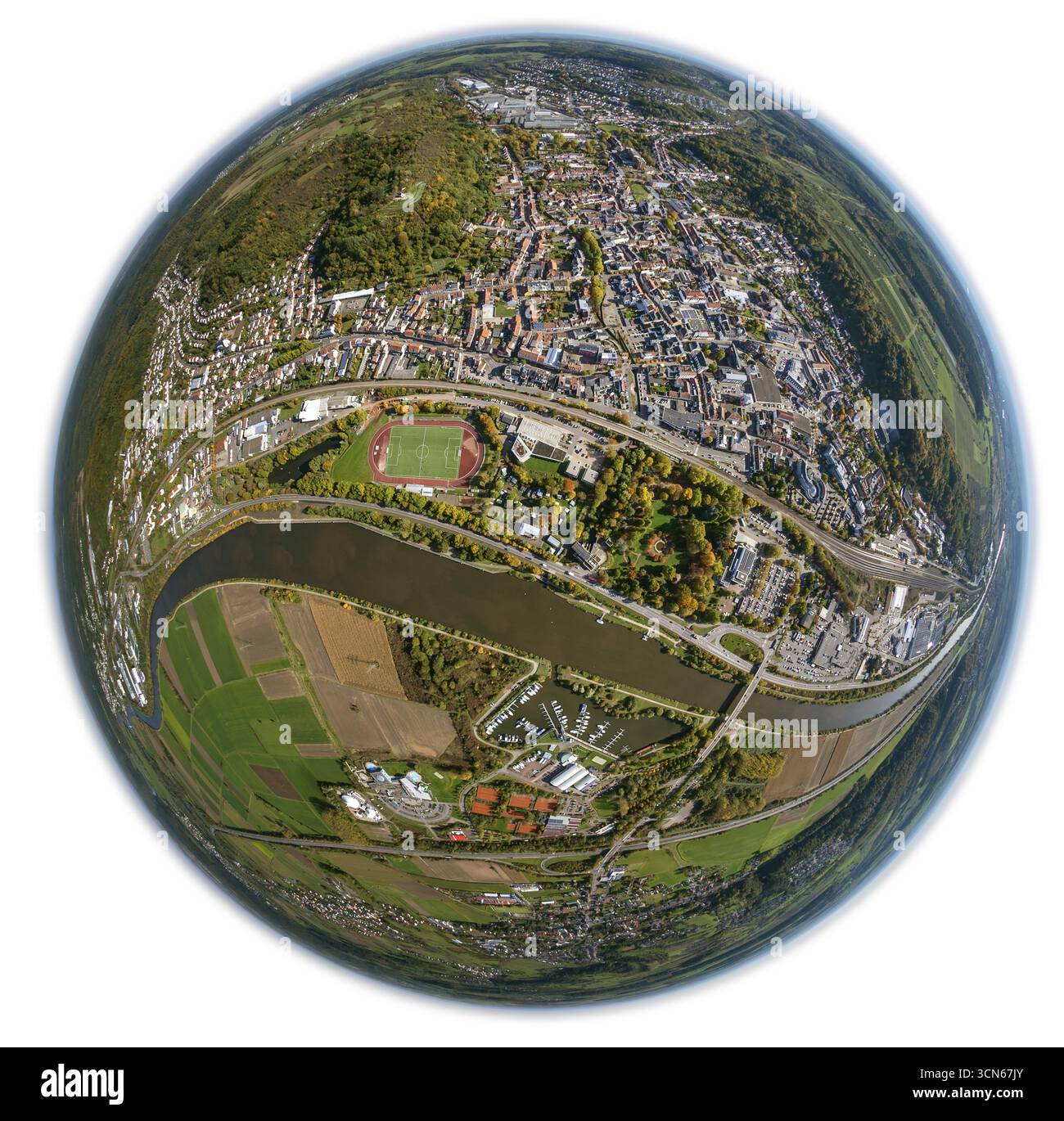 Photo aérienne, Merzig, Sarre, Sarre, Allemagne, Europe, vue d'oiseau, photographie aérienne, photographie aérienne, aperçu, vue plongeante, fisheye len Banque D'Images