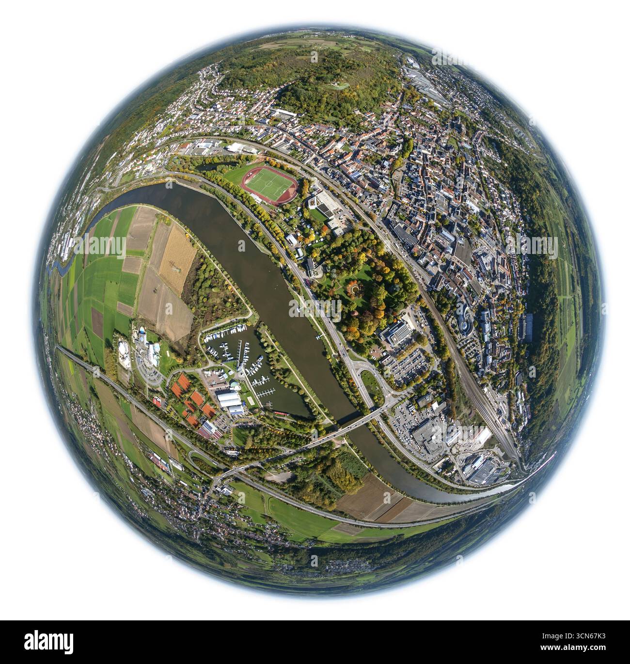 Photo aérienne, Merzig, Sarre, Sarre, Allemagne, Europe, vue d'oiseau, photographie aérienne, photographie aérienne, aperçu, vue plongeante, fisheye len Banque D'Images