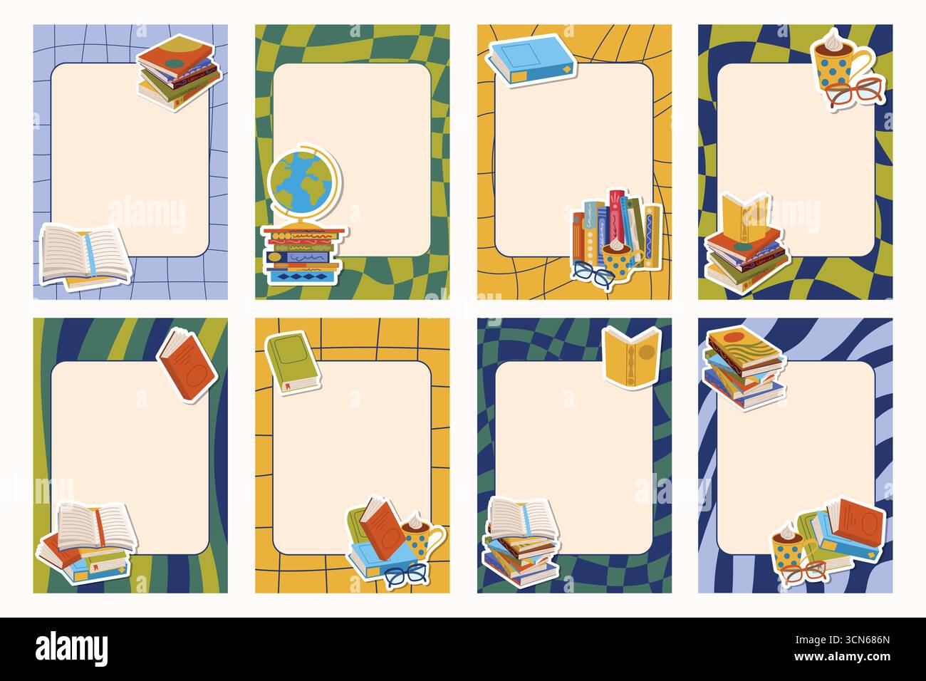 Ensemble de cartes de style plat de dessin animé avec bloc-notes groovy et autocollants de livres, piles, globe, lunettes de lecture et tasse de cacao. Mignon clipart pour l'étude, educ Illustration de Vecteur