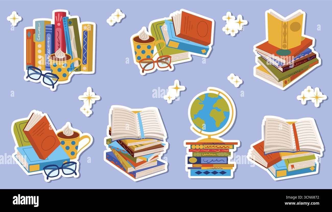 Ensemble d'autocollants de style plat de dessin animé avec livre, pile, globe, verre de lecture et tasse de cacao. Joli clipart coloré dessiné à la main pour l'étude, l'école, l'educatio Illustration de Vecteur