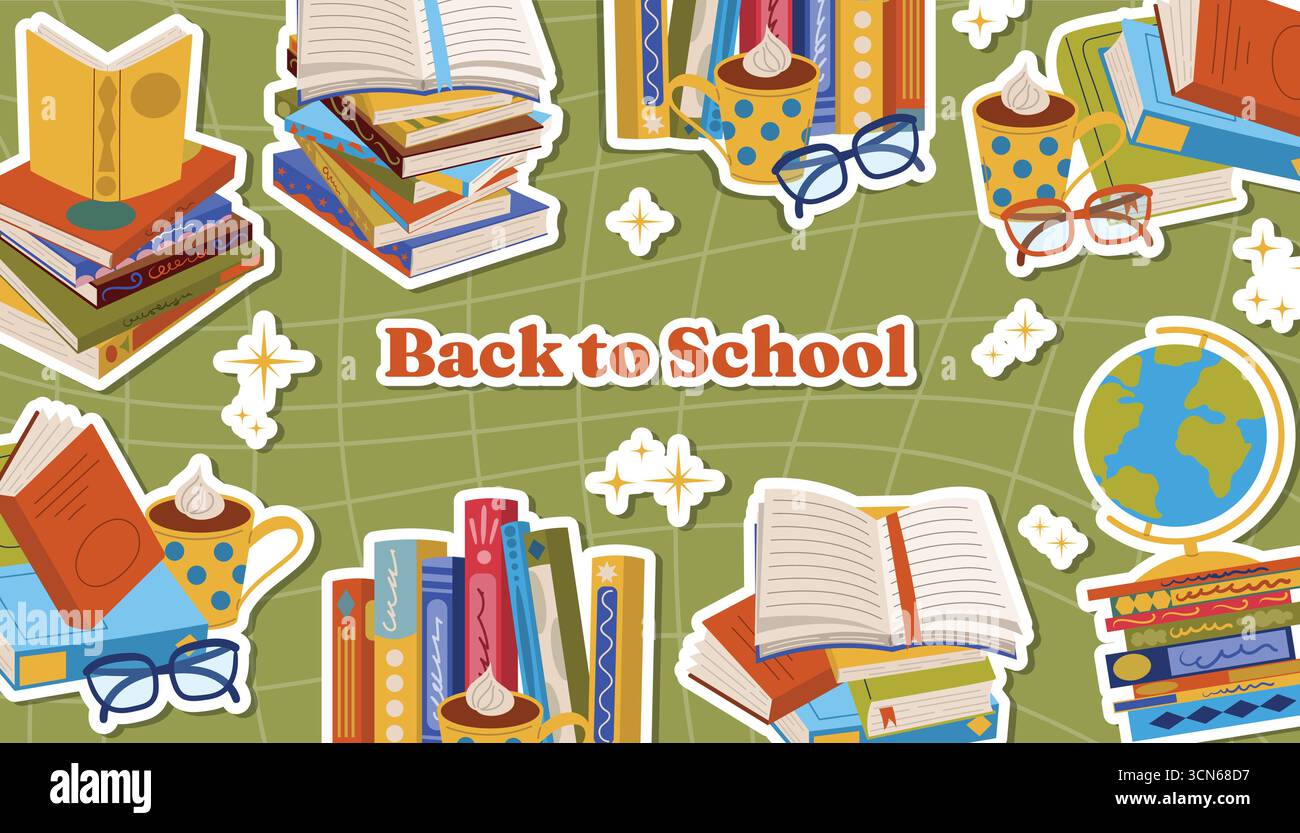 Affiche horizontale de style plat de dessin animé avec citation de retour à l'école, livres, piles, globe, lunettes de lecture, et une tasse de cacao. Mignonne carte dessinée à la main pour l'étude, Illustration de Vecteur