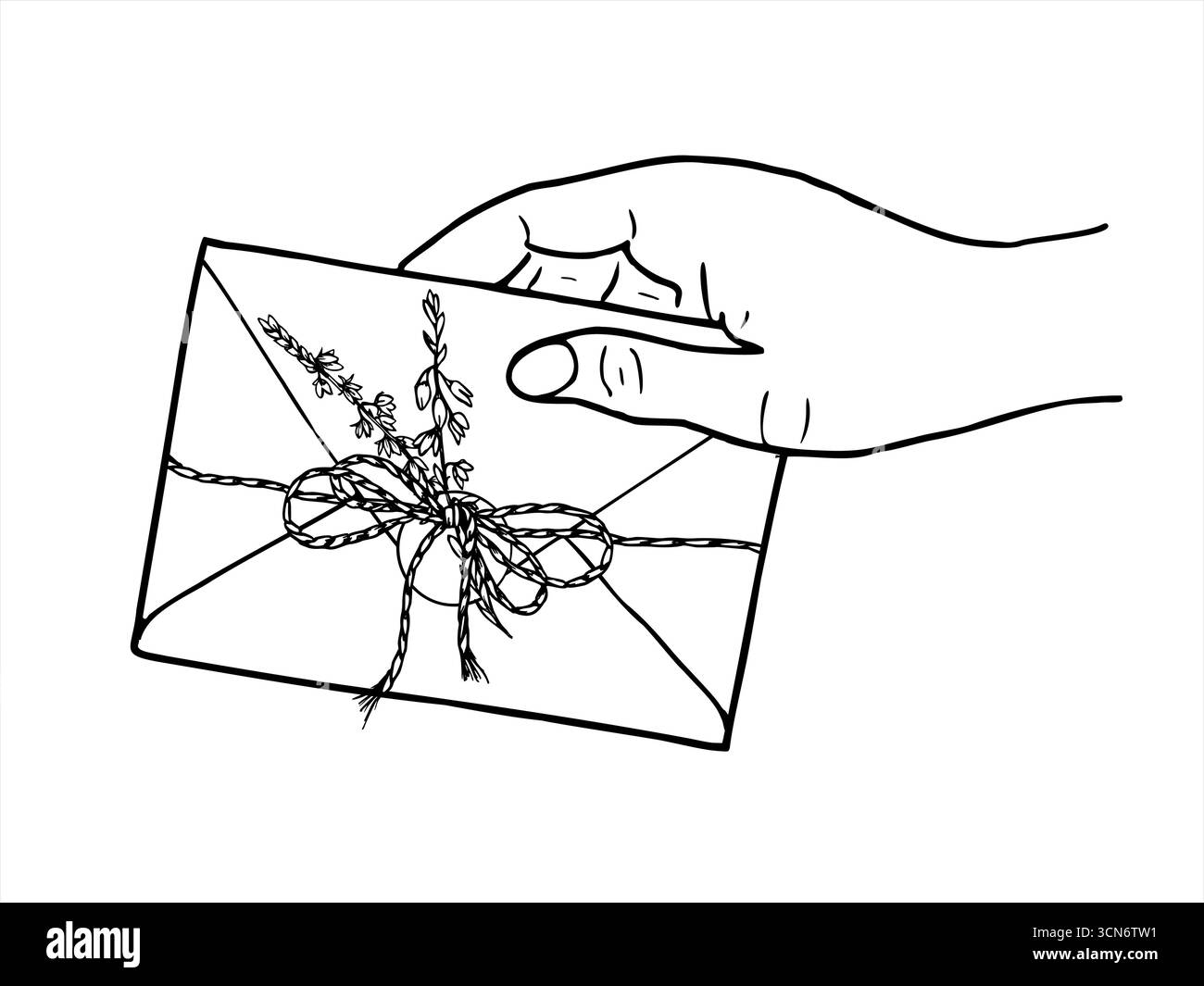 Vecteur main tenant enveloppe de courrier fermé attaché avec du jute et scellé, dessin de contour d'art de ligne de branche de bruyère. Illustration du message du modèle monochrome Illustration de Vecteur