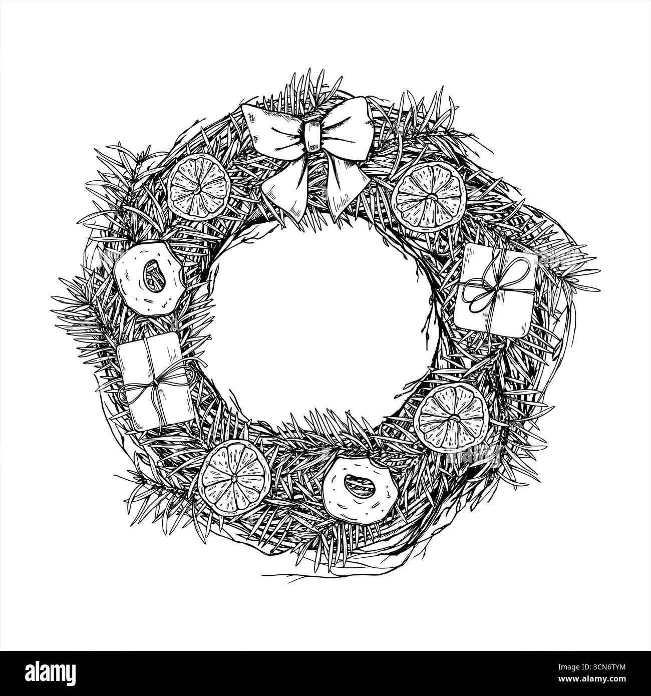 Couronne de pin décorée cadeaux, tranches de fruits secs et illustration vectorielle monochrome d'arc noué peinte par des encres noires. Dessin de contour de décor de Noël Illustration de Vecteur