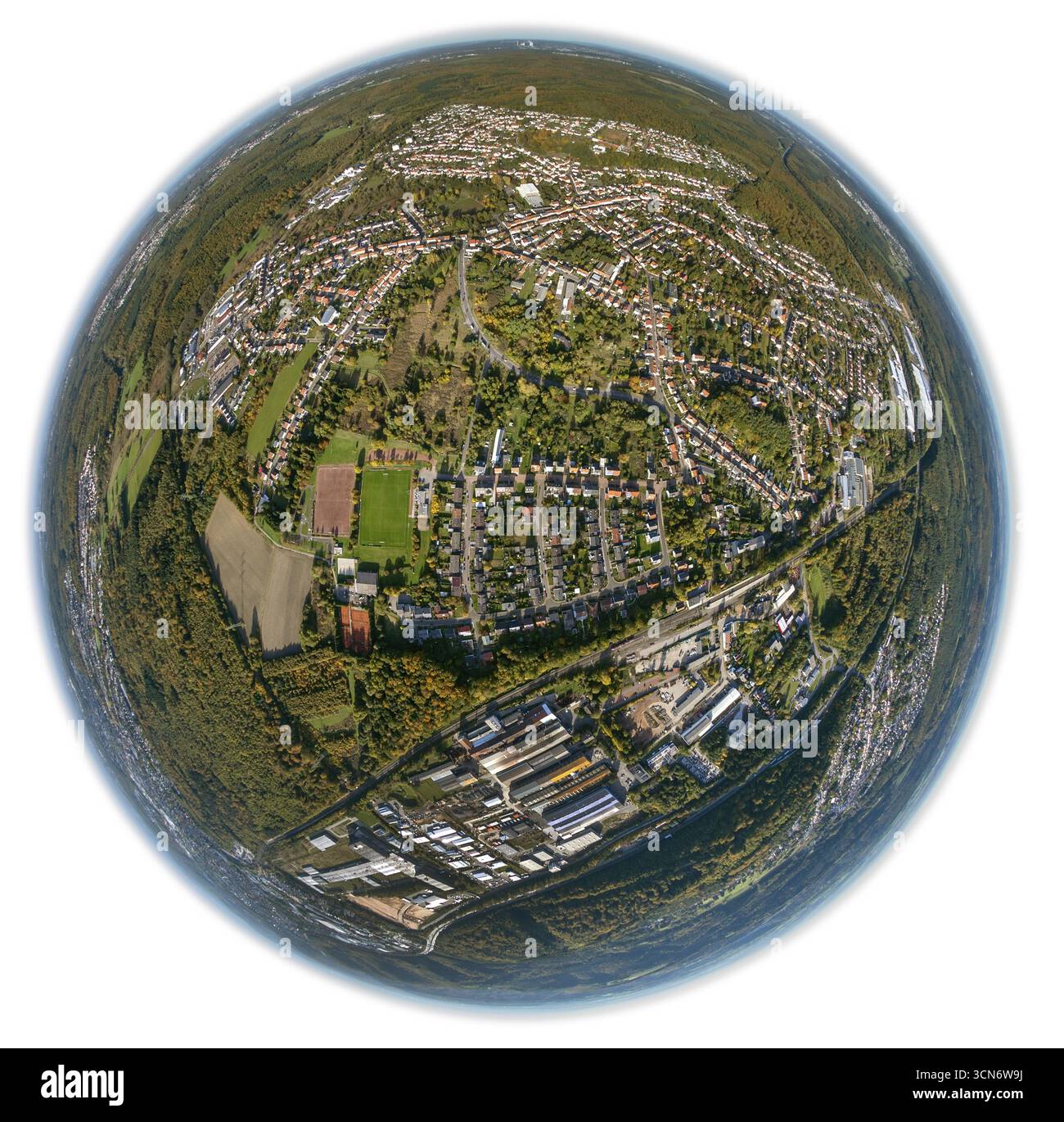 Sankt Ingbert, Sarre, Allemagne, Europe, vue aérienne, vue à vol d'oiseau, photographie aérienne, photographie aérienne, vue d'ensemble, vue à vol d'oiseau, fisheye len Banque D'Images