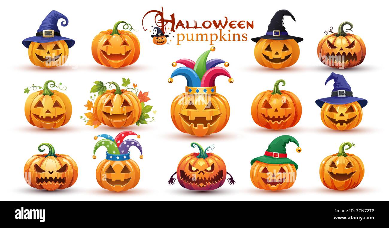 Conception vectorielle de jeu de citrouilles d'Halloween. Citrouille orange d'Halloween avec des visages drôles pour la saison des fêtes de fin d'année effrayante ou collection de gâteries isolé sur blanc Illustration de Vecteur