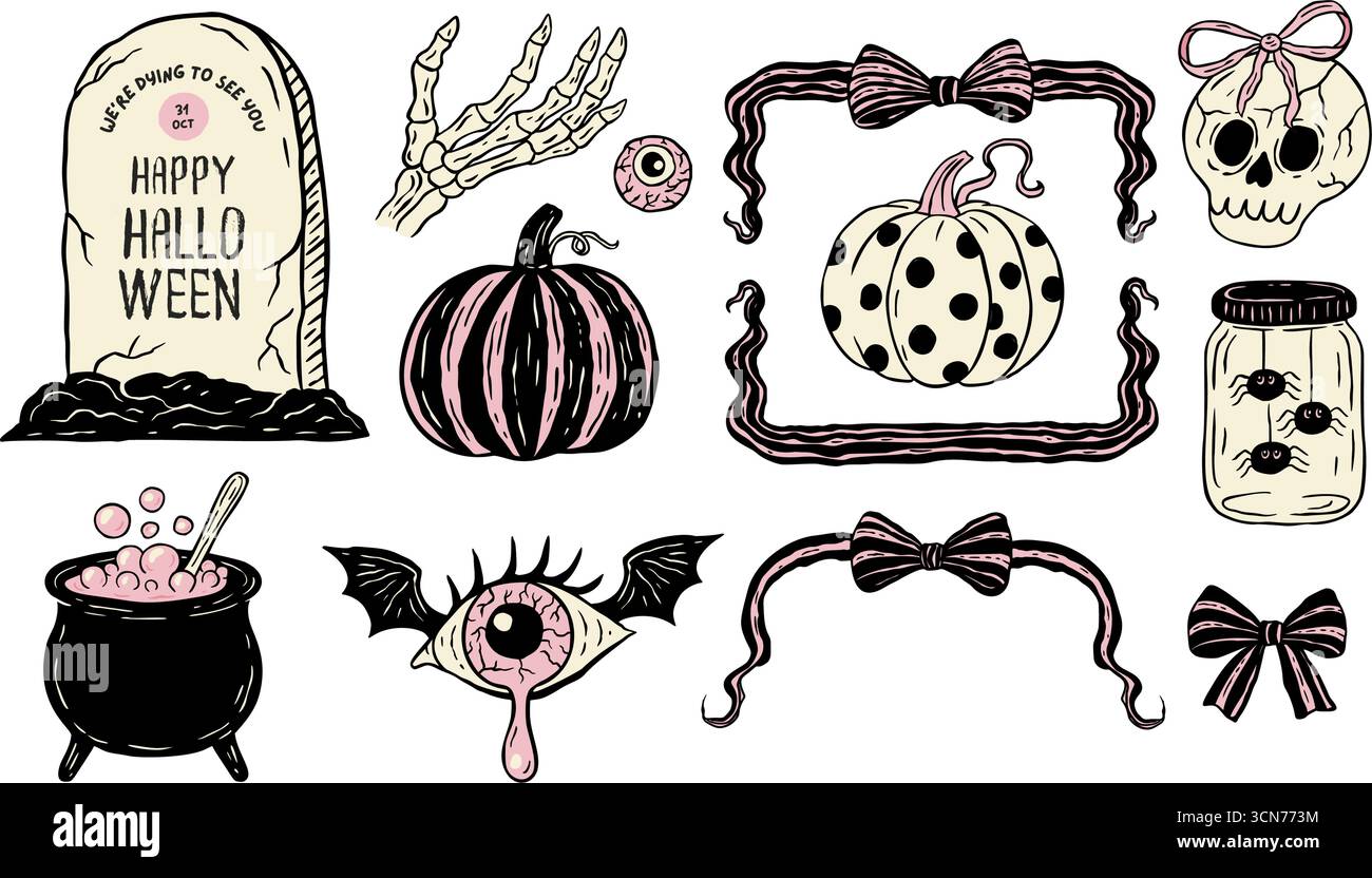 Rétro Halloween Vintage fantaisiste effrayant Spooky Clipart Icon Print Set avec citrouille, crâne, Chaudron, oeil et pot d'araignée Illustration de Vecteur
