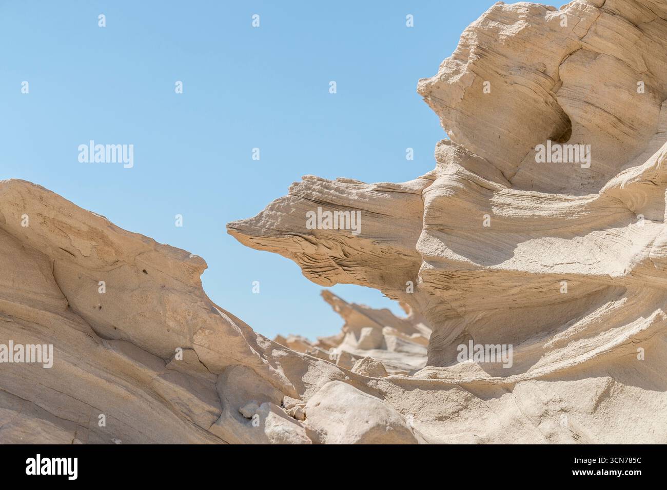 Eau - Abu Dhabi - Al Wathba Fossil Dunes - rubans et ailettes de grès sculptés par le vent courbent vers le ciel, formes fragiles de carbonate de calcium gravées par le temps et Banque D'Images