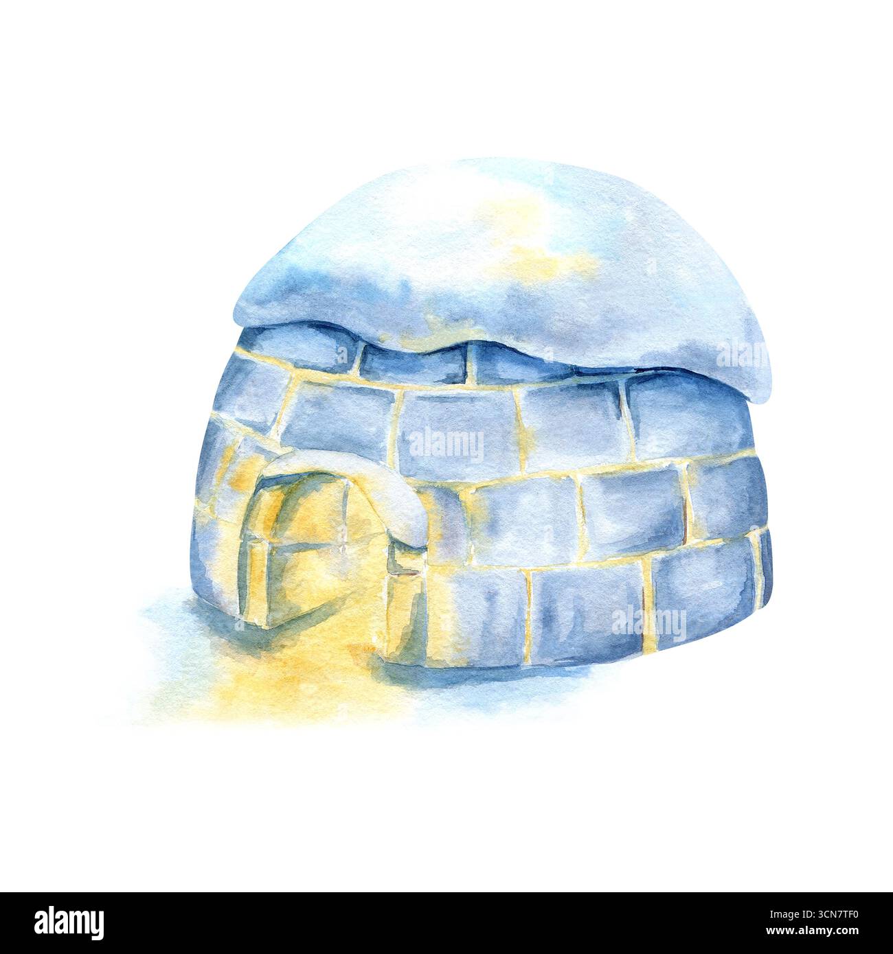 Igloo avec lumière à l'intérieur et neige sur le dessus. Blocs de glace glacés brillants à l'aquarelle. Maison d'hiver traditionnelle du Nord des Inuit, Esquimaux. Clip art isolé Banque D'Images