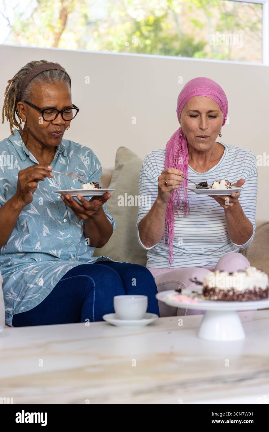 Divers amis seniors assis sur le canapé dans le salon tenant des assiettes avec des tranches de gâteau au chocolat Banque D'Images