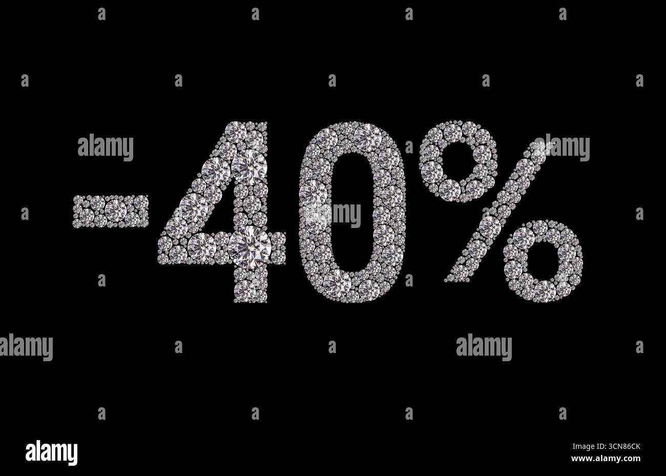 Gros plan d'un numéro 40 en forme de losange avec un signe de pourcentage en forme de losange. L'image est en noir et blanc et a un aspect brillant et pailleté Banque D'Images