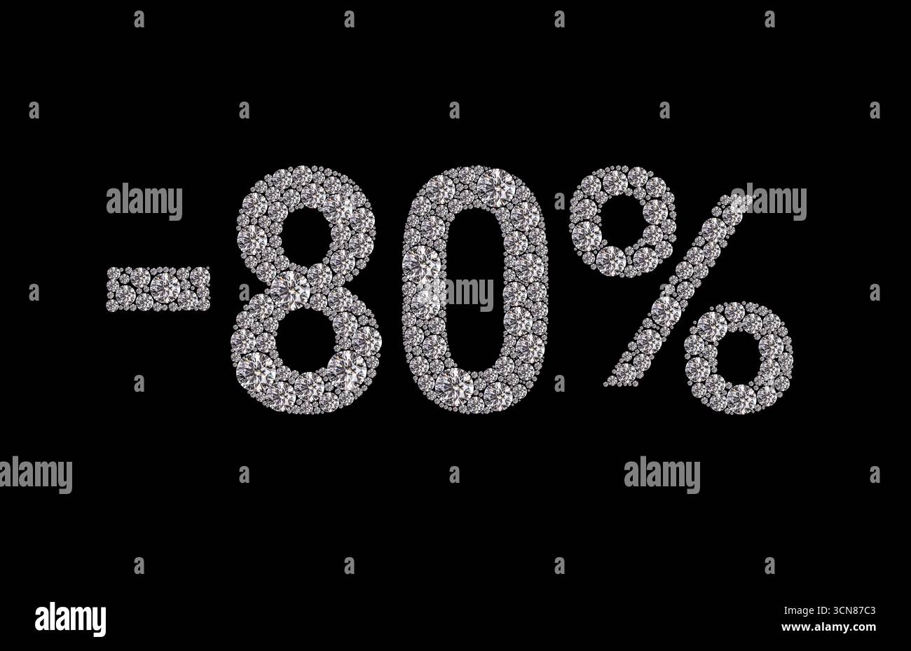 Gros plan d'un fond noir avec un grand signe en forme de losange à 80 %. La forme de diamant est entourée de diamants plus petits, ce qui lui donne un effet étincelant et Banque D'Images