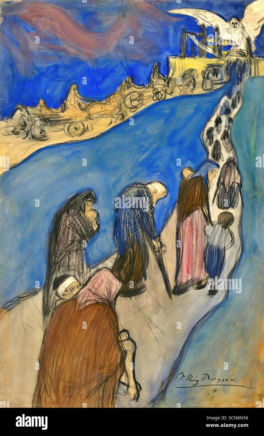 Pablo Picasso, la fin de la route, vers 18991900 ; peinture symboliste des débuts de ses années de formation à Barcelone. Illustration de Vecteur