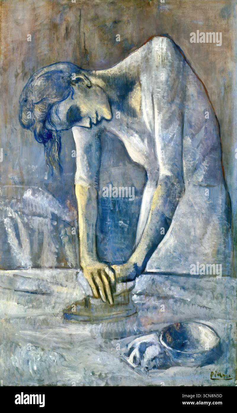 Pablo Picasso, Woman Ironing, 1904 ; peinture d'époque bleue d'une blanchisserie fatiguée, symbolisant la misère et la lutte humaine. Illustration de Vecteur