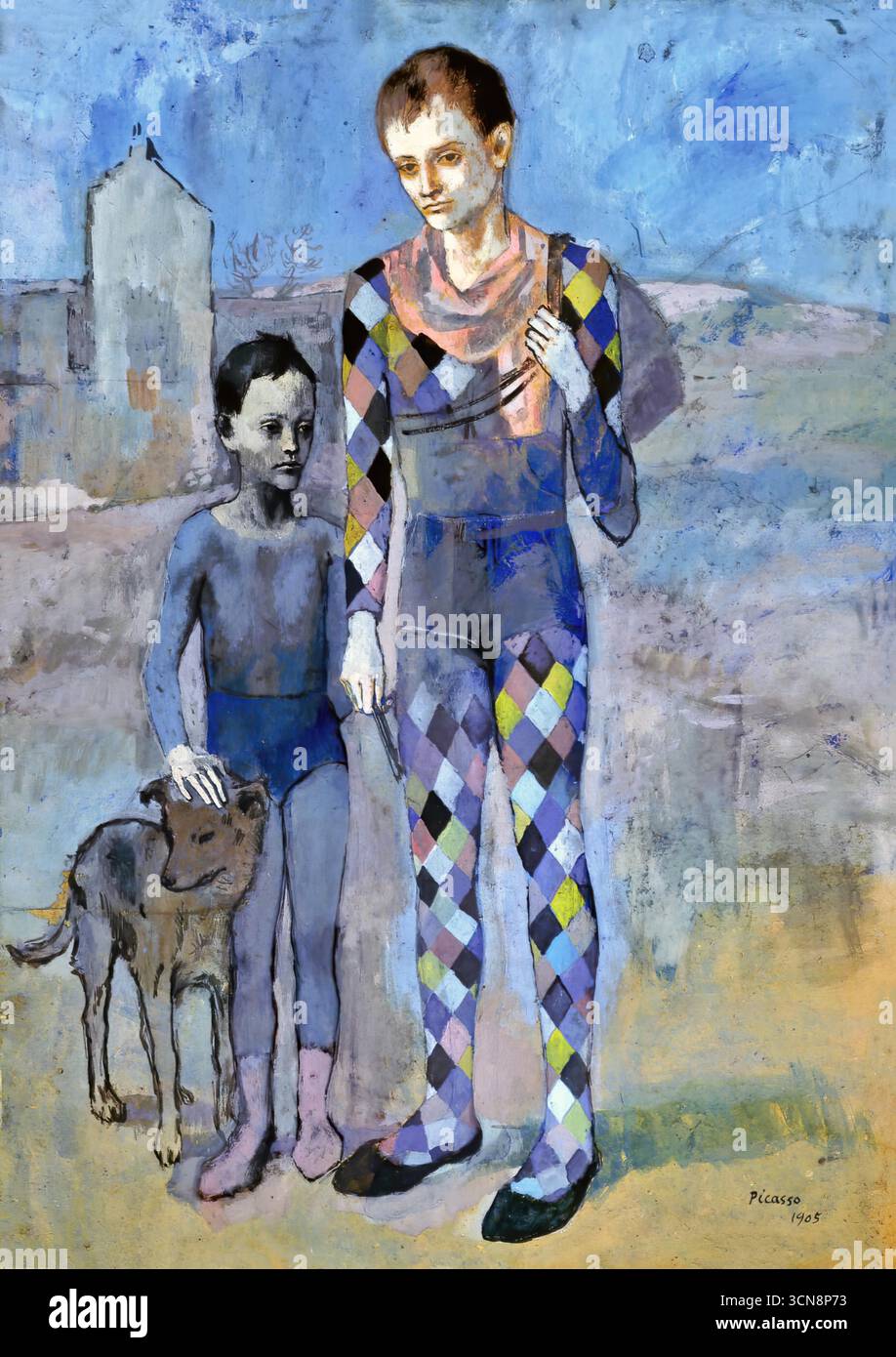Pablo Picasso, deux acrobates avec un chien, 1905 ; peinture de la période rose d'artistes de cirque avec un petit chien, évoquant la tendresse. Illustration de Vecteur