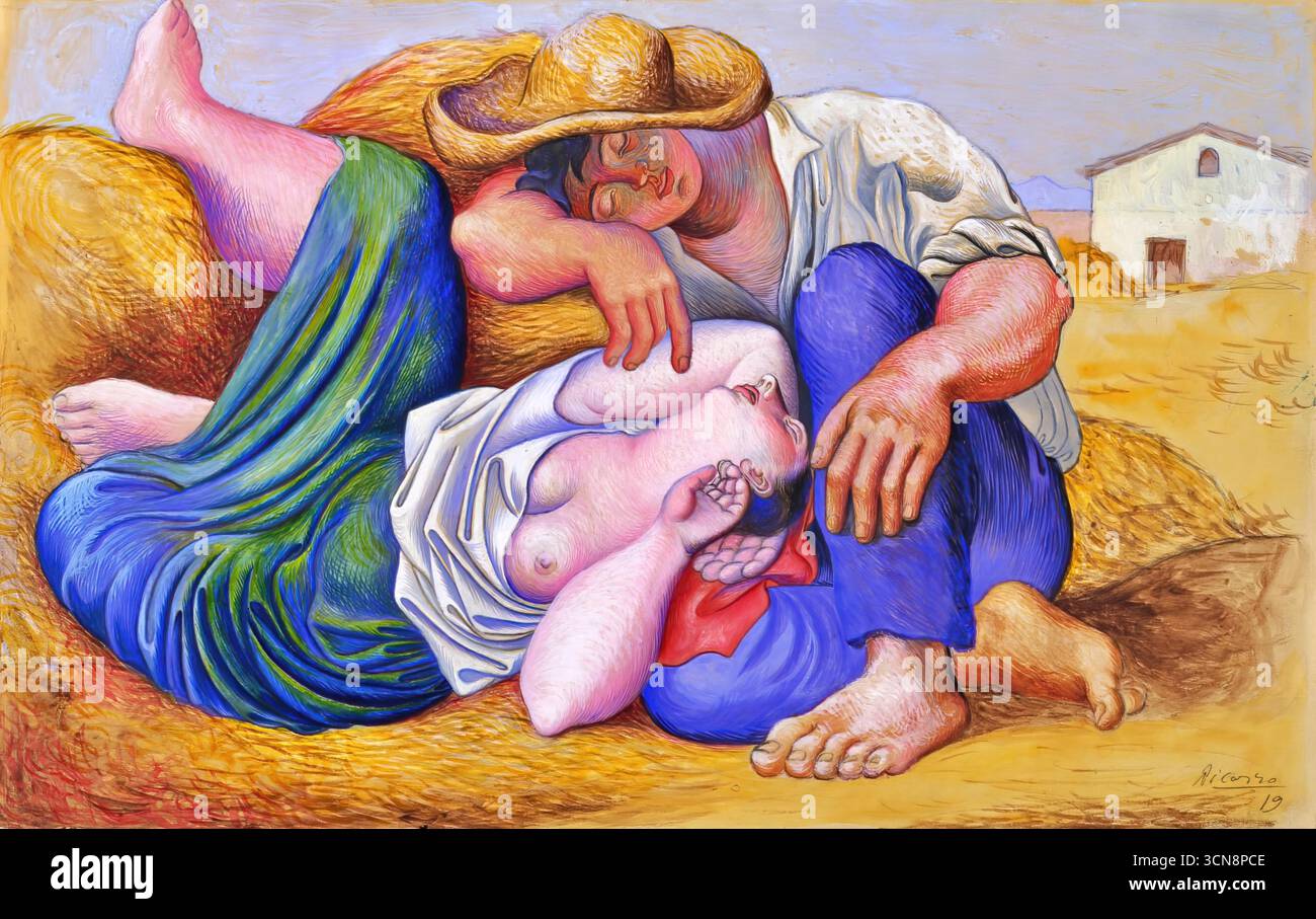 Pablo Picasso, paysans endormis, 1919 ; peinture néoclassique de deux personnages au repos dans un paysage rural, style post-cubiste. Illustration de Vecteur
