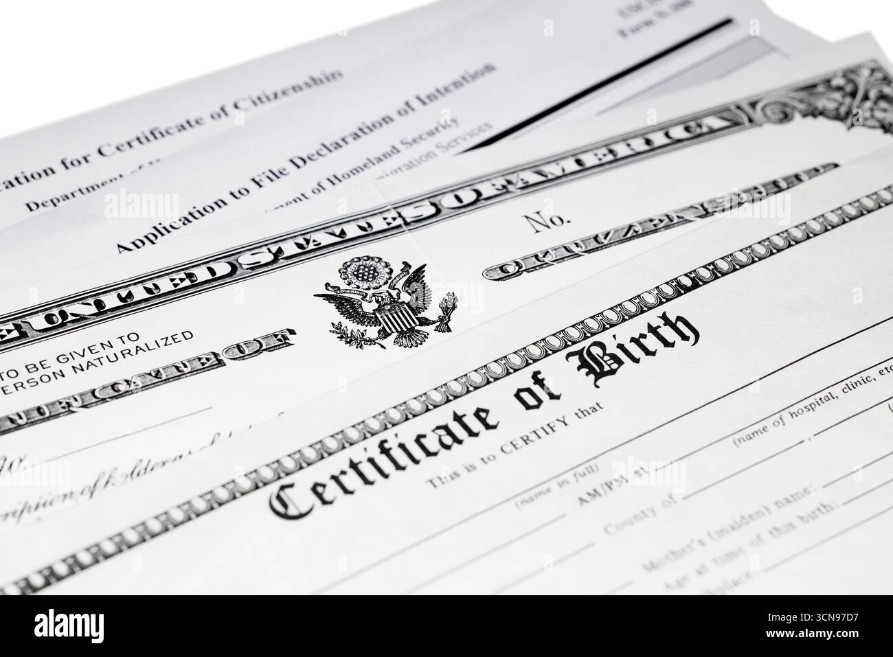 Certificat de citoyenneté avec demandes de citoyenneté et déclaration d'intention et certificat de naissance Banque D'Images