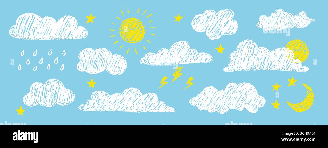 Crayon pastel nuage. Éléments de ciel mignons dessinés par un crayon coloré. Texture enfantine. Illustration de crayon d'enfant de stock de vecteur dessinée à la main Illustration de Vecteur