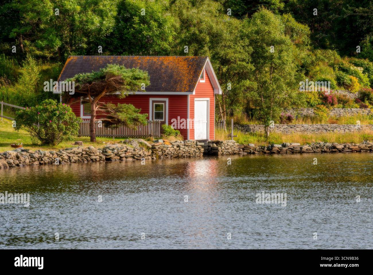 Un hangar à bateaux rouge sur la rive à Brigus, Terre-Neuve Banque D'Images