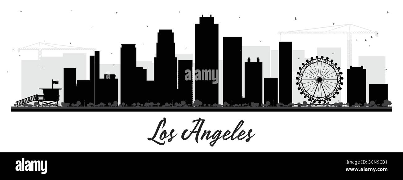 Silhouette d'horizon de la ville de Los Angeles Californie avec des bâtiments noirs isolés sur blanc. Illustration vectorielle. Concept de voyage d'affaires. Paysage urbain. Illustration de Vecteur