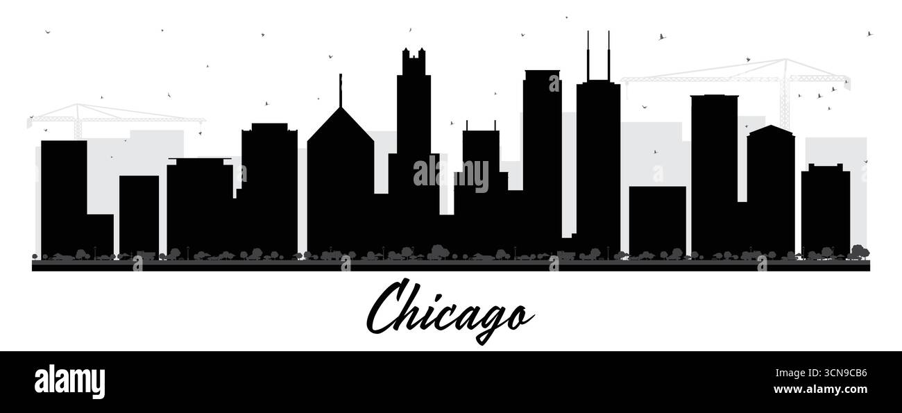 Silhouette d'horizon de Chicago Illinois City avec des bâtiments noirs isolés sur blanc. Illustration vectorielle. Concept de voyage d'affaires. Illustration de Vecteur