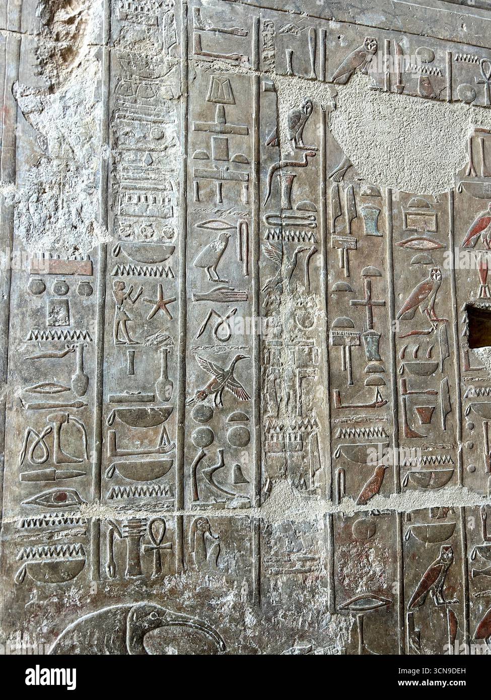 Louxor, Égypte - 11 février 2025 : gros plan d'inscriptions murales hiéroglyphiques sculptées du temple mortuaire d'Hatshepsout à Deir el-Bahari, Louxor, Égypte. Banque D'Images