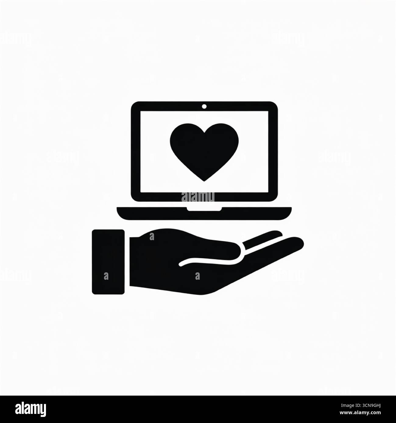 Icône de silhouette noire unie représentant une main tenant un ordinateur portable affichant un symbole de cœur représentant des services de soins et d'assistance en ligne Illustration de Vecteur