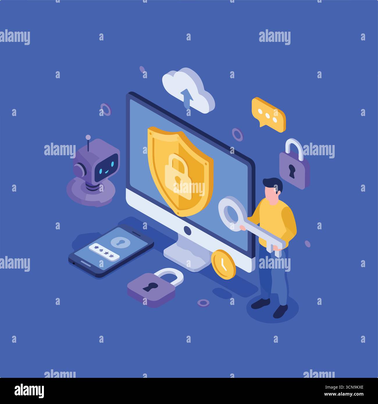 Character utilisez des outils d’intelligence artificielle pour détecter les cybermenaces et pour la sécurité, la protection et la confidentialité des données. Cybersécurité dans le cloud computing conception Illustration de Vecteur