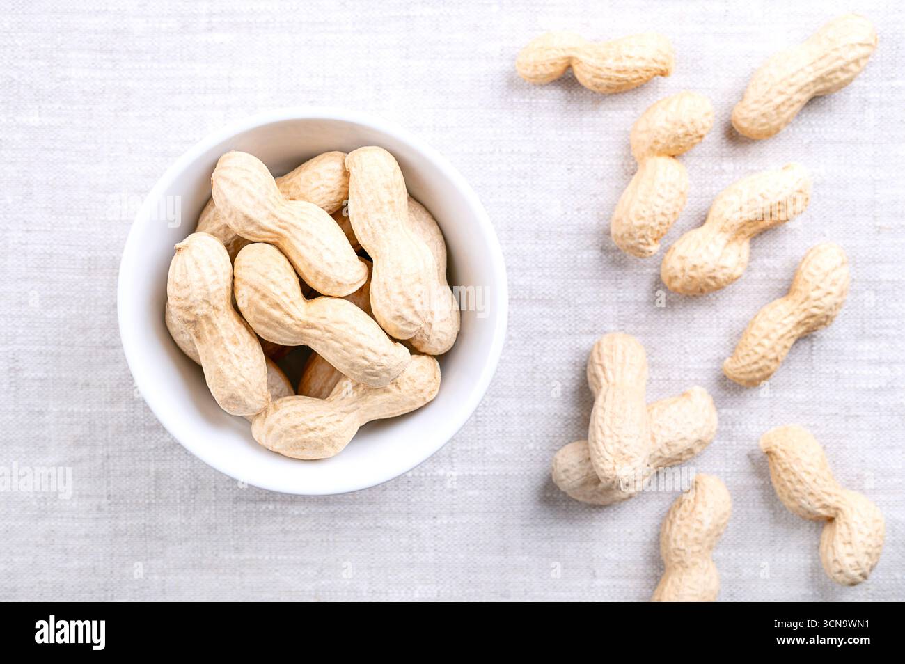 Cacahuètes grillées en coquille dans un bol blanc sur lin. Noix entières croquantes, fruits d'Arachis hypogaea enfermés dans sa coquille naturelle. Banque D'Images