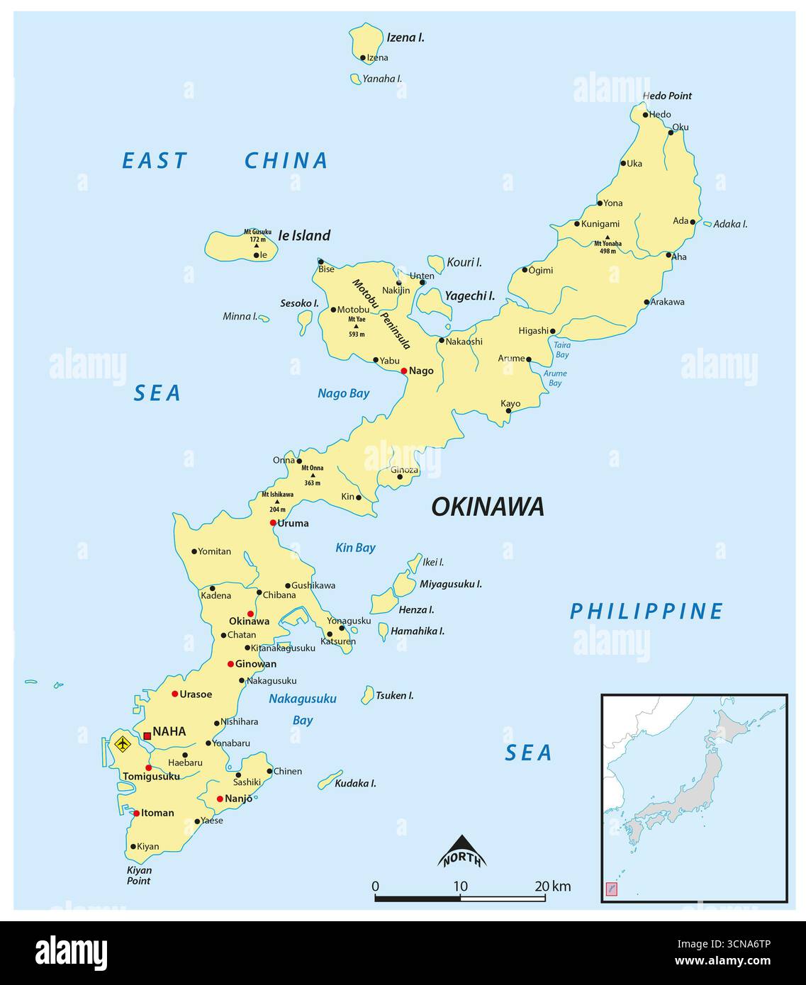 Carte vectorielle détaillée de l'île japonaise d'Okinawa Banque D'Images Carte vectorielle détaillée de l'île japonaise d'Okinawa Banque D'Images