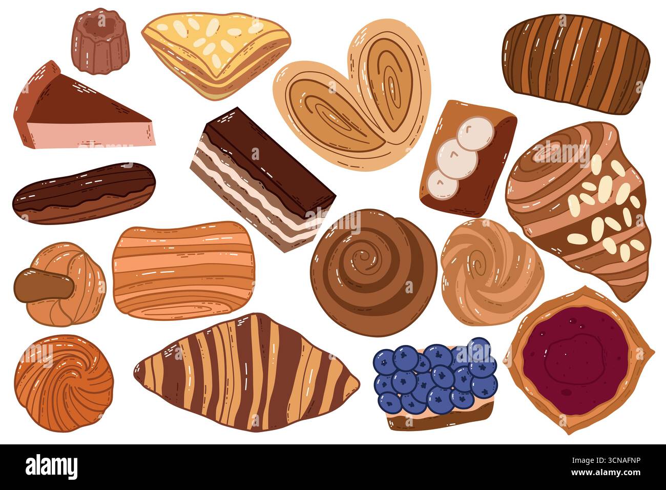 Assortiment de pâtisseries et de pâtisseries proposant croissants, viennoiseries, tartes et gâteaux Illustration de Vecteur