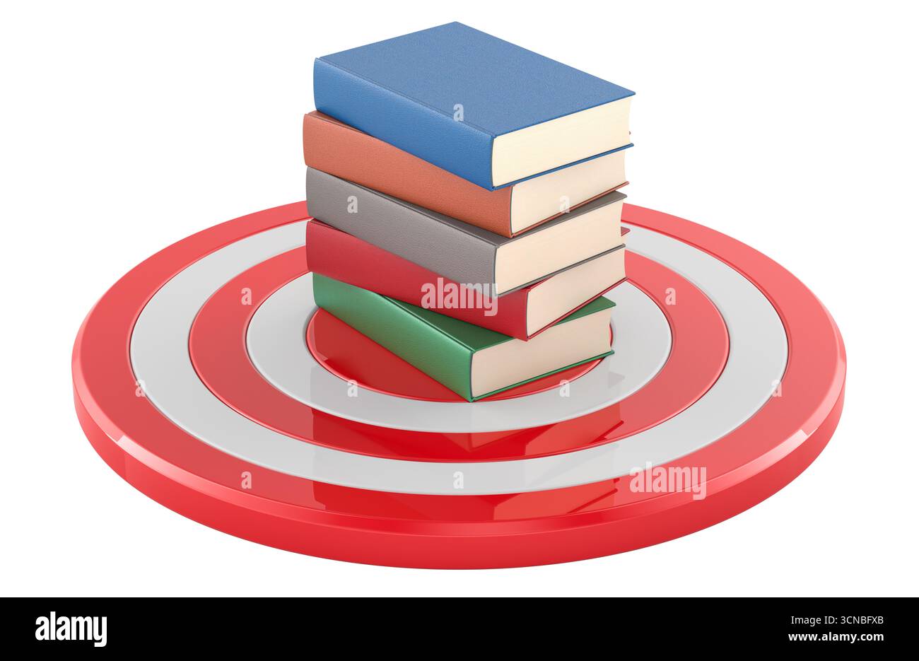 Cible avec pile de livres, concept d'objectif éducatif. Rendu 3D isolé sur fond blanc Banque D'Images
