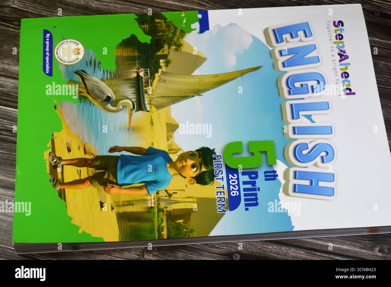 Le Caire, Egypte, 4 septembre 2025 : un livre en anglais pour la 5ème école primaire, livres éducatifs utilisés par les écoliers égyptiens, apprentissage, enseignement Banque D'Images