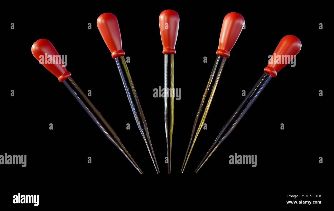 Un rendu 3D de pipettes compte-gouttes, également connues sous le nom de pipettes Pasteur ou compte-gouttes oculaires. Banque D'Images