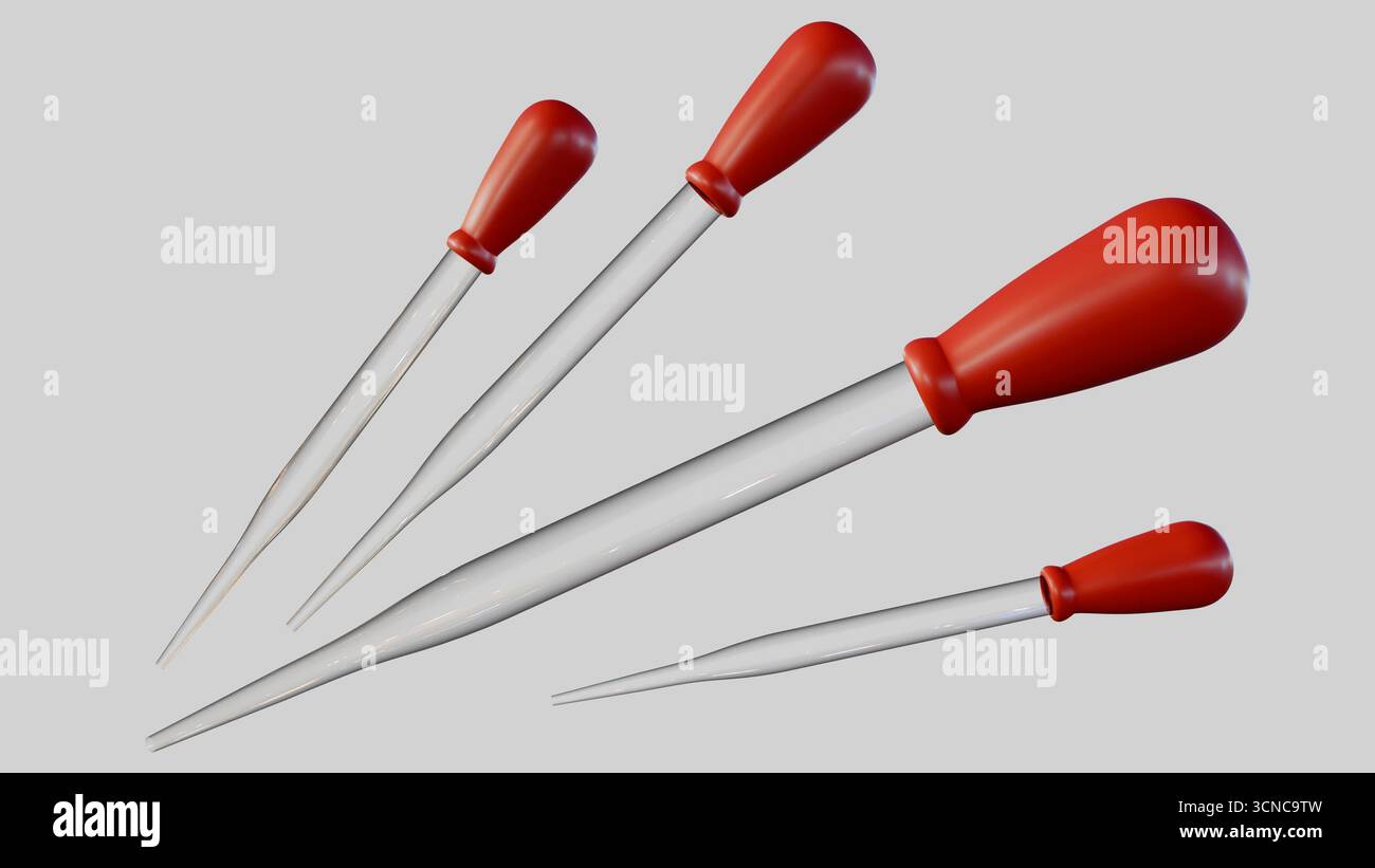Un rendu 3D de pipettes compte-gouttes, également connues sous le nom de pipettes Pasteur ou compte-gouttes oculaires. Banque D'Images