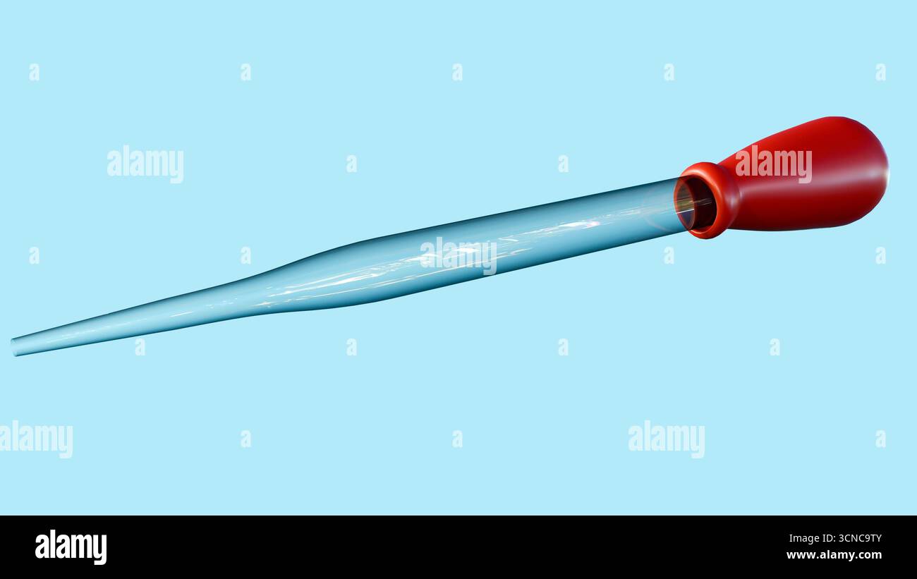 Un rendu 3D de pipettes compte-gouttes, également connues sous le nom de pipettes Pasteur ou compte-gouttes oculaires. Banque D'Images