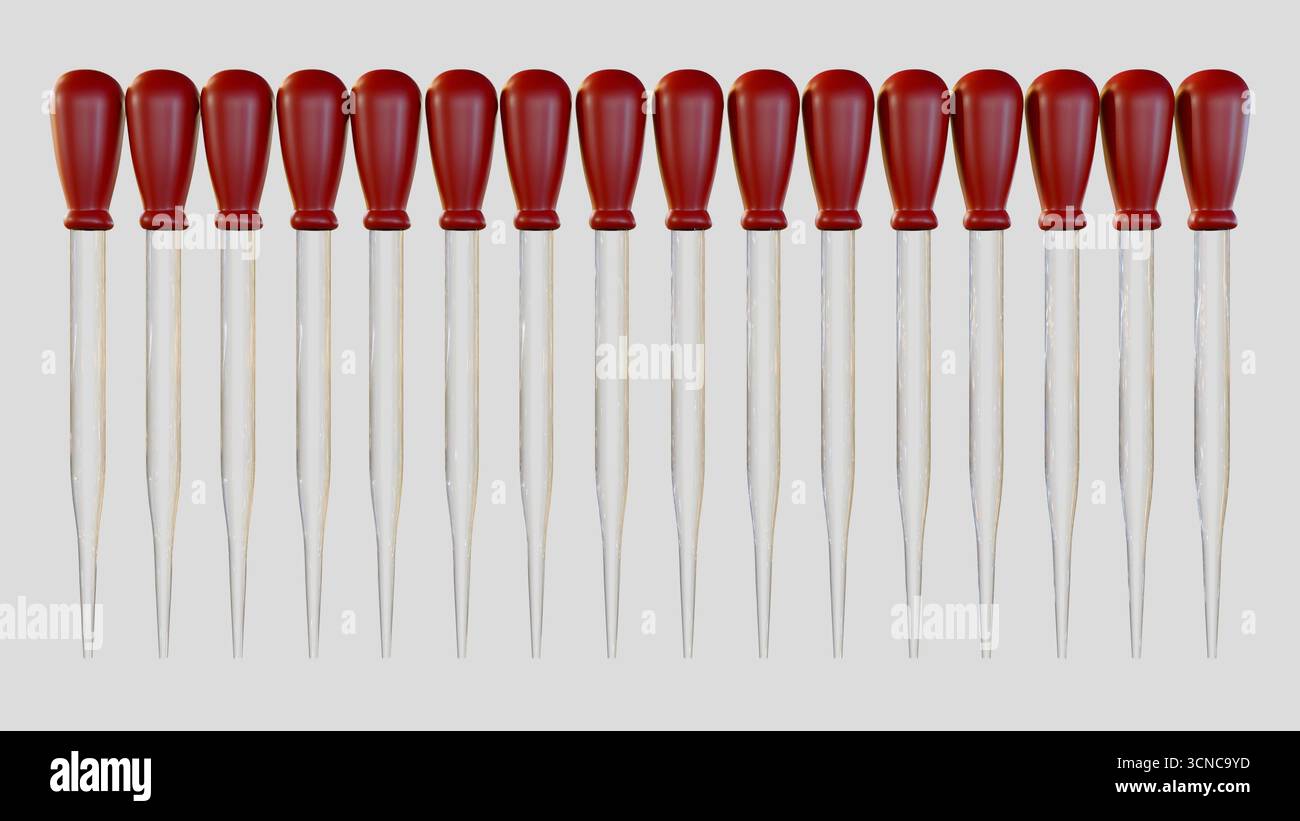 Un rendu 3D de pipettes compte-gouttes, également connues sous le nom de pipettes Pasteur ou compte-gouttes oculaires. Banque D'Images